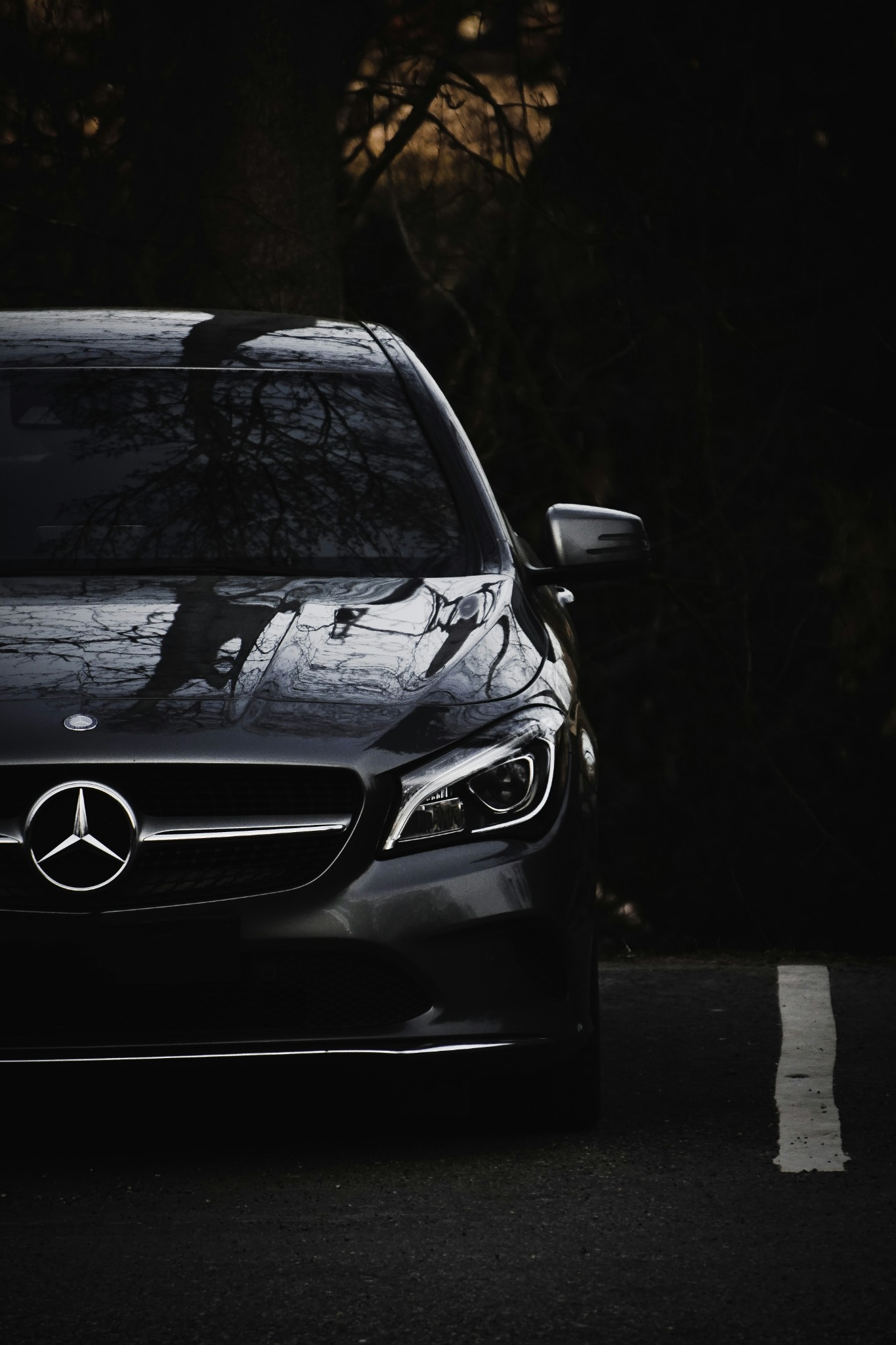 Front view of black Mercedes-Benz car parked on dark forest road