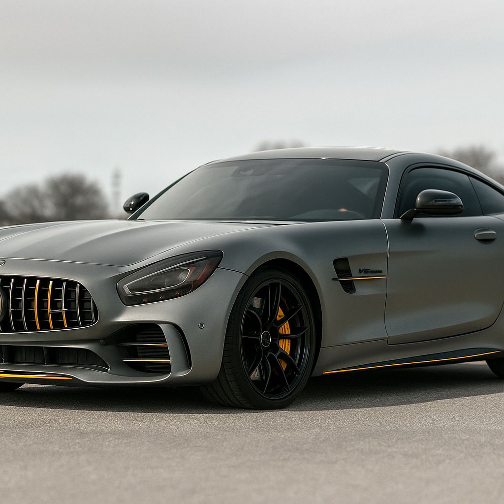 Mercedes-AMG GT sports car parked outdoors on a cloudy day